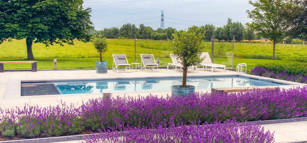 Monoblok zwembad met strandbank, sfeerverlichting en elektrisch bedienbaar roldek – Van Beem Buitenleven