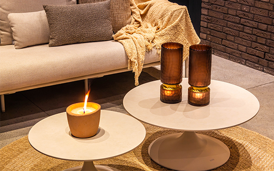 Suns Nova side tables in camel sand – stylish outdoor side tables – Van Beem Outdoor Living