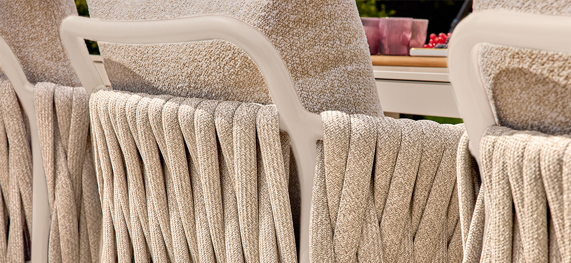 Detail: Suns Fiave dining chair in Camel Sand aluminum for a luxurious garden and patio