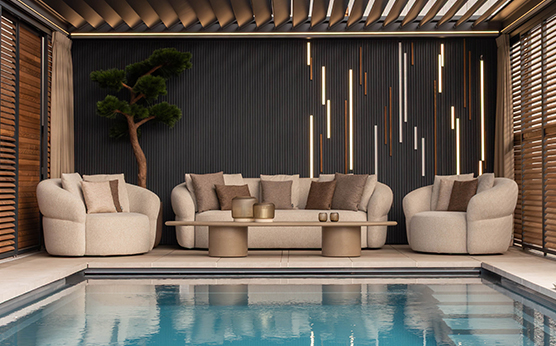 Suns Venosa sofa set by the pool under a canopy for a luxurious garden and patio