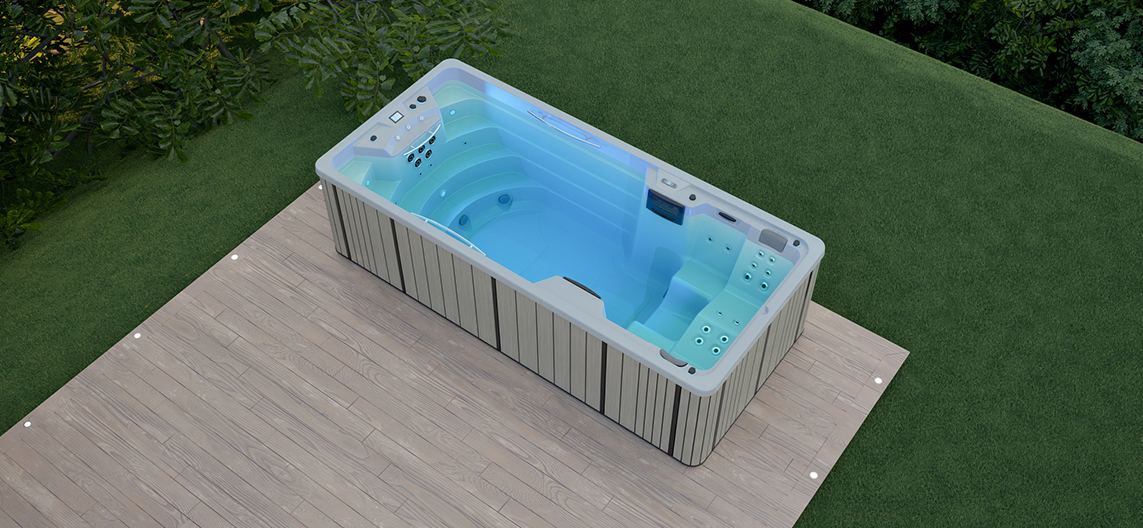 Aquavia Amazon swim spa in the garden for luxurious wellness and outdoor swimming