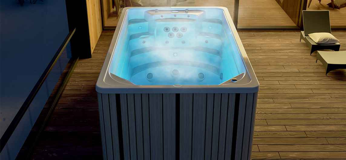 Aquavia Compact swim spa in the garden for luxurious wellness and outdoor swimming