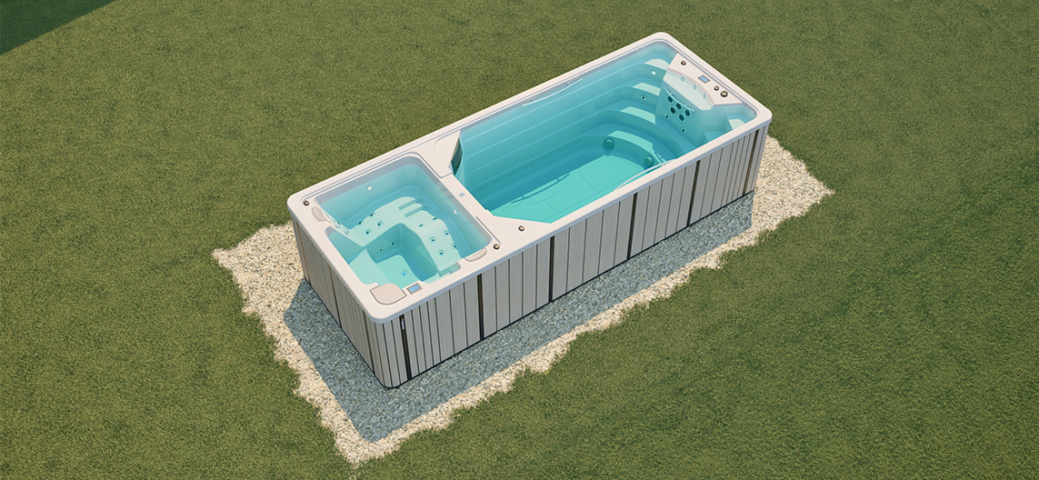 Top view of the Aquavia Duo jacuzzi swim spa for luxury wellness and swimming in the garden