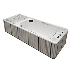 Aquavia Duo Jacuzzi swim spa in Swell Moca for luxurious wellness and swimming in the garden
