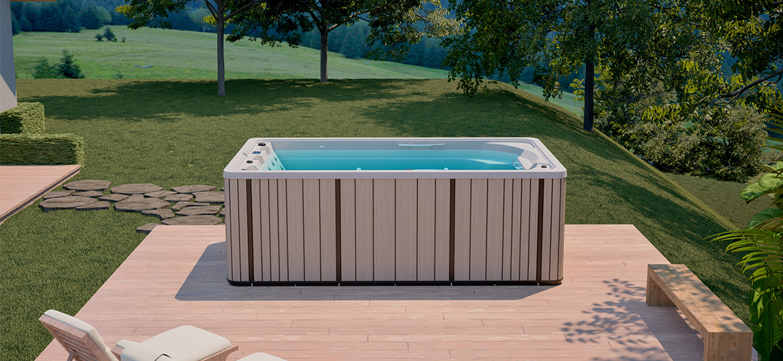 Aquavia Fitness swim spa in the garden for luxurious wellness and outdoor swimming