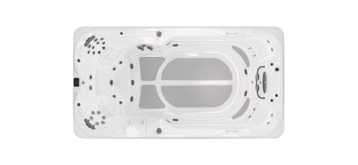 Bovenaanzicht Jacuzzi J-14 PowerActive zwemspa in Brushed Grey voor luxe wellness en zwemmen in de tuin