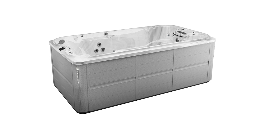 Jacuzzi J-14 PowerActive zwemspa in Brushed Grey voor luxe wellness en zwemmen in de tuin
