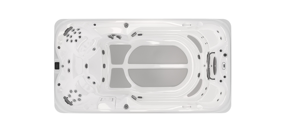 Bovenaanzicht Jacuzzi J-14 PowerPro zwemspa in Brushed Grey voor luxe wellness en zwemmen in de tuin