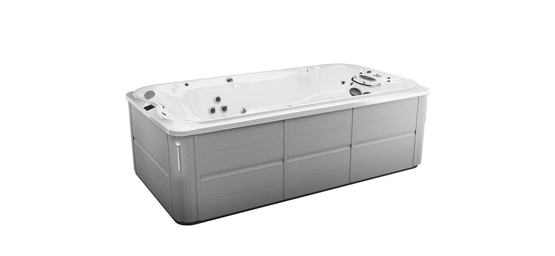 Jacuzzi J-14 PowerPro zwemspa in Brushed Grey voor luxe wellness en zwemmen in de tuin