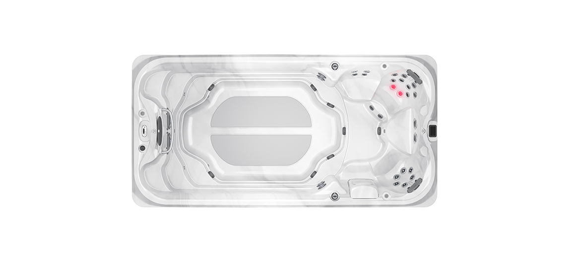 Bovenaanzicht Jacuzzi J-16 PowerPro zwemspa in Brushed Grey voor luxe wellness en zwemmen in de tuin
