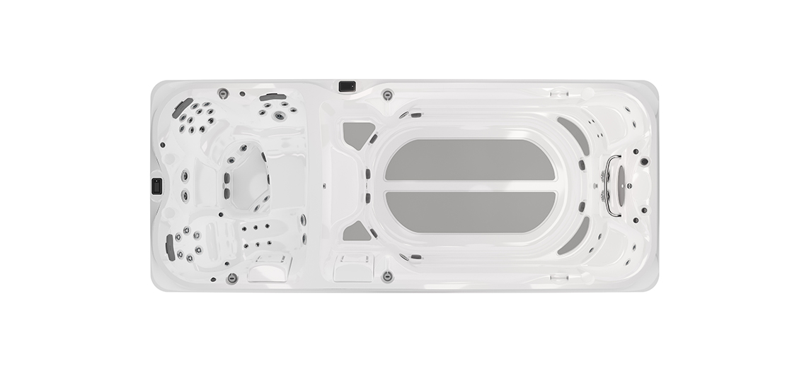 Top view of the Jacuzzi J-19 DT PowerActive swim spa in Brushed Grey for luxurious wellness and swimming in the garden
