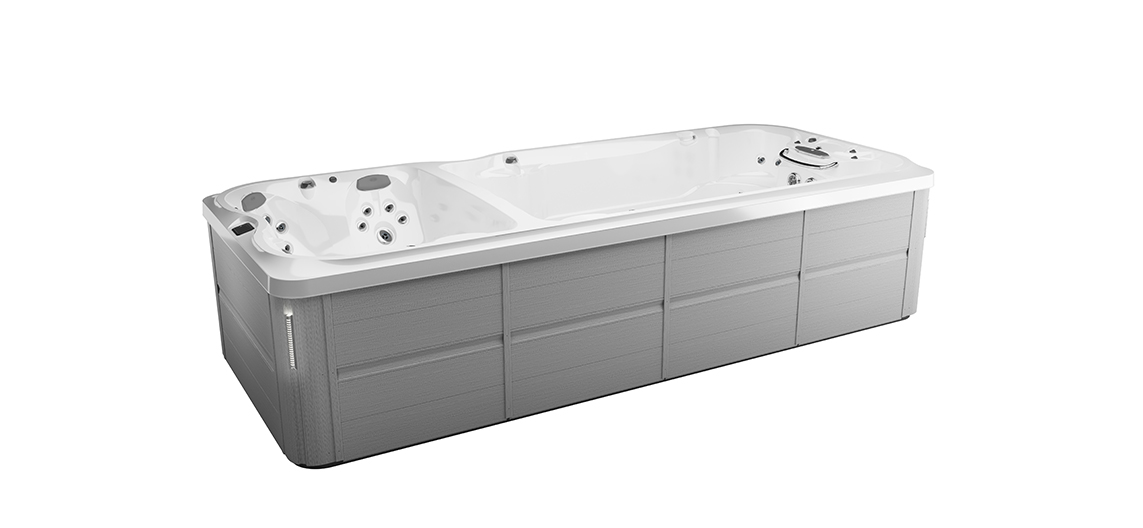 Jacuzzi J-19 DT PowerActive swim spa in Brushed Grey for luxurious wellness and swimming in the backyard