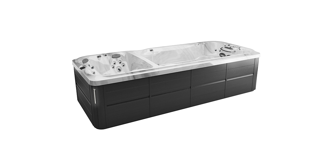 Jacuzzi J-19 DT PowerPro swim spa in Smoked Ebony for luxurious wellness and swimming in the backyard
