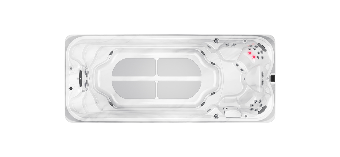 Top view of the Jacuzzi J-19 PowerActive swim spa in Smoked Ebony for luxurious wellness and swimming in the garden